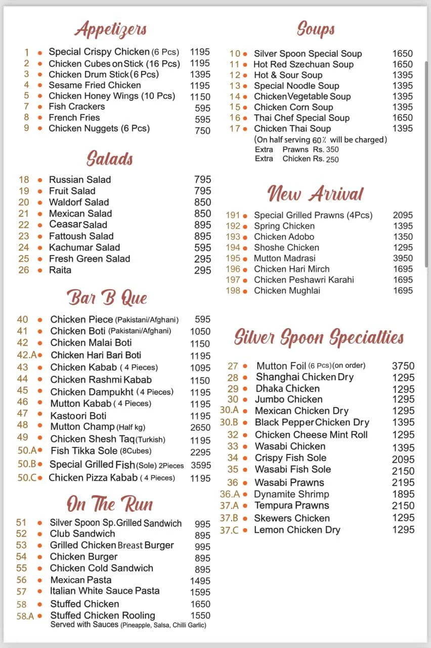 Silver spoon kohinoor menu