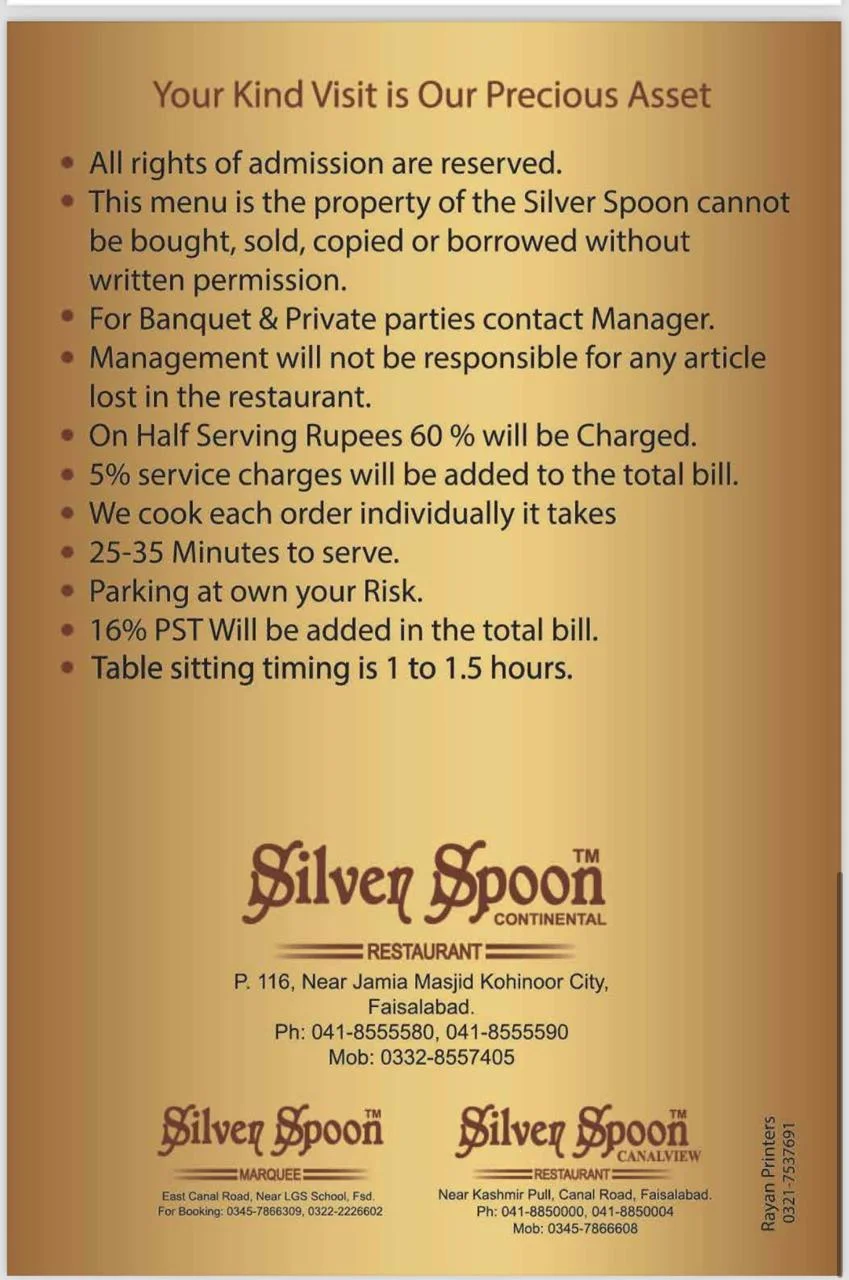 Silver Spoon Kohinoor Menu